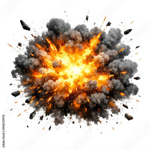 Intense explosion with fiery debris and glowing embers in mid-air