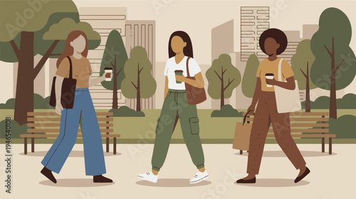 Diverse women walking in a city park with coffee and bags