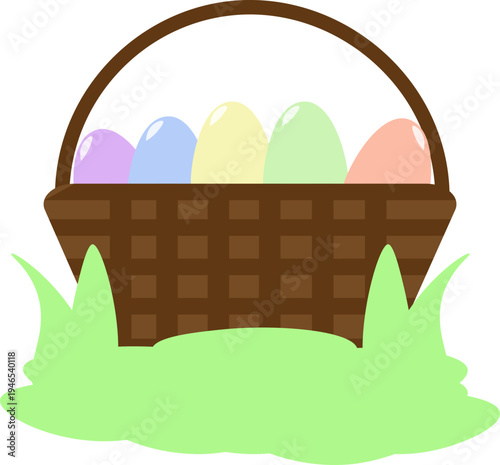 Traditional Easter basket filled with colorful decorated eggs on green grass, isolated on white background. Cheerful festive composition symbolizing spring celebration and holiday tradition.