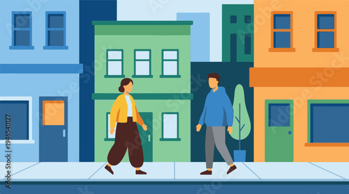 Two people walking on an urban street with colorful buildings in flat design.