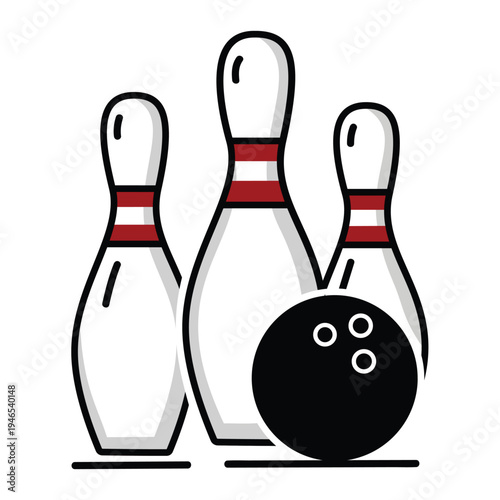 Ten Pin Bowling Vector Illustration Featuring a Bowling Ball and White Pins for Sports Recreation and Tournament Branding
