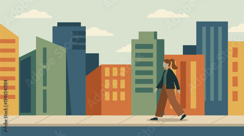 Woman walking on sidewalk in a modern city with minimalist architecture