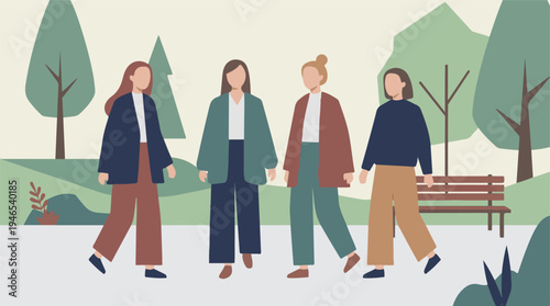 Four diverse women friends walking together in a minimalist park illustration