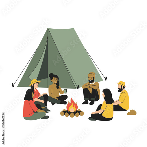 Diverse group of people sitting around a campfire and tent, enjoying outdoor camping.