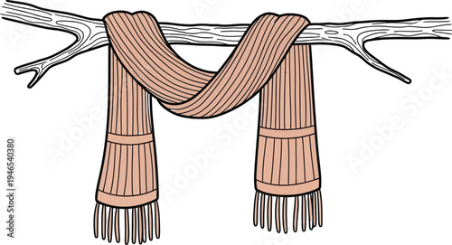 A brown scarf with fringe hanging on a tree branch