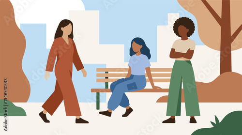 Three diverse women enjoying time together in a modern park setting