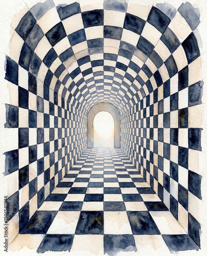 Hand Painted Watercolor Chessboard Corridor with Geometric Squares Forming Tunnel Perspective, Minimal Abstract Strategy Game Background