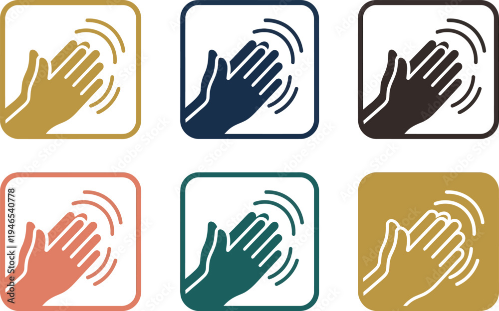 Fototapeta premium A colorful vector graphic illustration of six hand icons with sound waves in squares