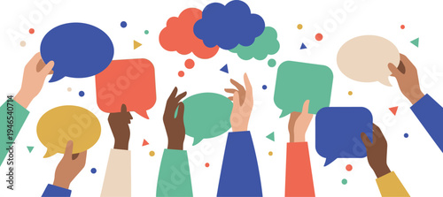 A colorful illustration of diverse hands holding speech bubbles in a vibrant and lively atmosphere