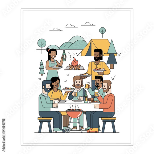 Friends enjoying outdoor barbecue party, picnic, camping, summer fun