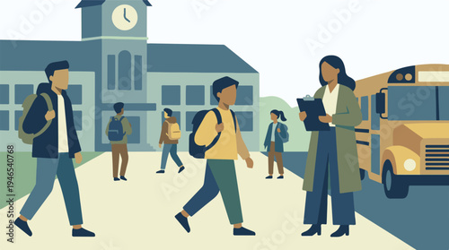 School day scene with diverse students, teacher, building and bus