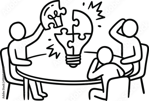 A minimalist line art illustration of three people sitting around a table with a puzzle piece light bulb