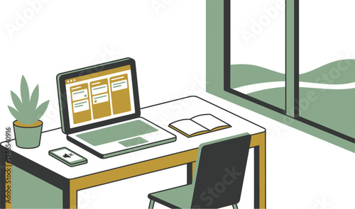 A minimalist illustration of a laptop on a desk with a plant and notebook in a modern workspace