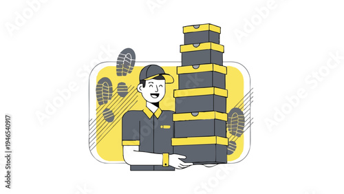 Ilustración vectorial de un repartidor en moto entregando un paquete en una ciudad española, ambiente urbano dinámico y profesional con colores vibrantes.