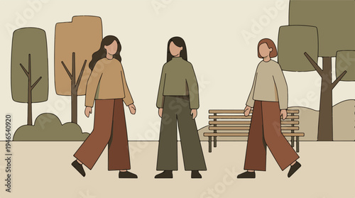 Minimalist illustration of three women walking together in a park setting