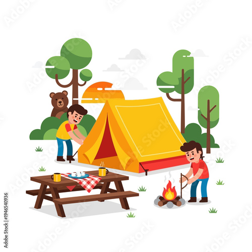 Kids Camping Adventure: Setting Up Tent, Campfire, Picnic Table in Forest