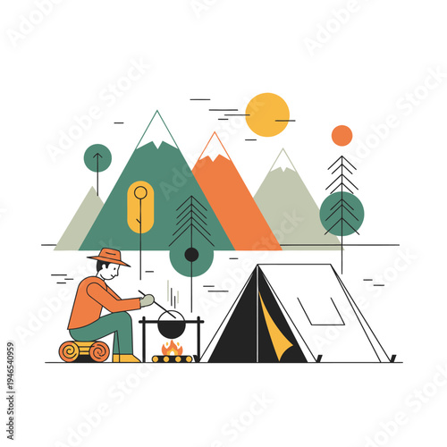 Man Cooking by Campfire at Mountain Campsite with Tent and Sun