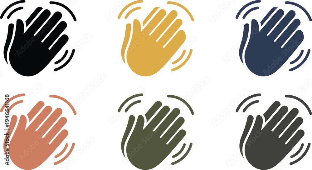 Fototapeta premium A set of colorful hand icons with waving motion lines, used for communication and gestures.