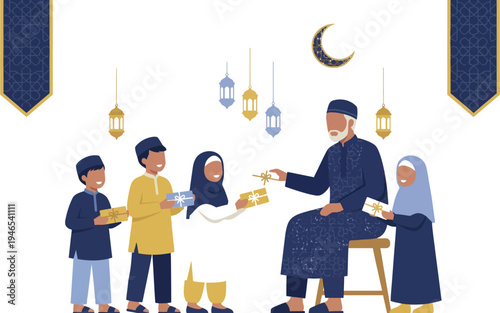 A Muslim family exchanging gifts during a festive occasion in a beautifully decorated room with traditional lanterns.