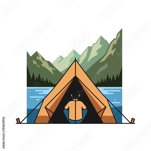 Person inside orange tent with mountain and lake background, outdoor adventure