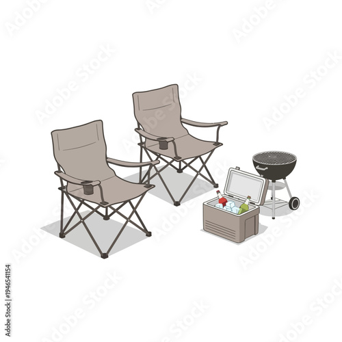 Outdoor BBQ Set: Two Folding Chairs, Cooler Box with Drinks, and Kettle Grill