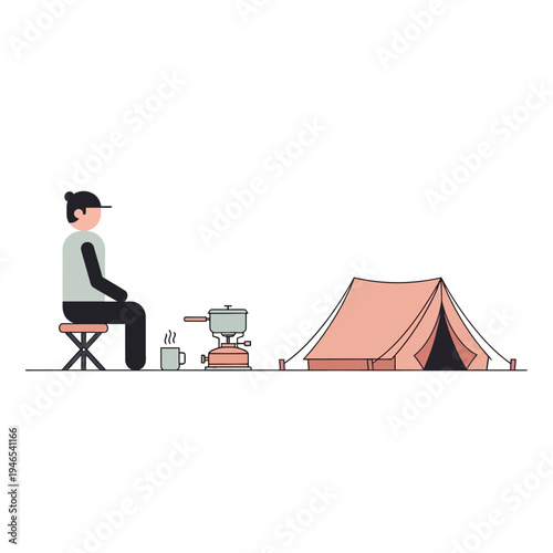 Person sitting at campsite with tent and cooking stove, minimalist flat illustration