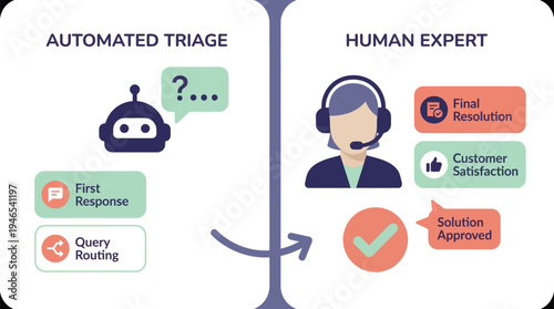 A vector graphic illustrating the process of automated triage and human expert interaction in customer support
