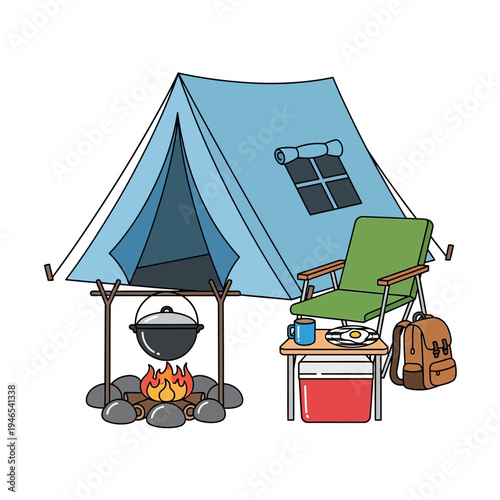 Camping scene with tent, campfire cooking, chair, and cooler