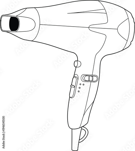 Black and white line drawing of a hair dryer with a sleek design