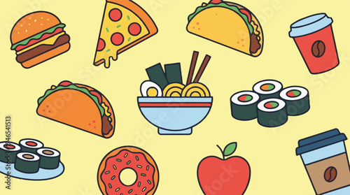 Assortment of popular global food and drink items in flat design style