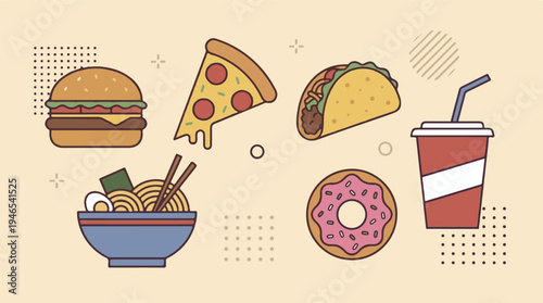 Stylized flat design illustration of popular fast food and various meal items
