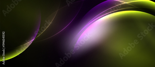 Abstract design features flowing curves, vibrant colors. Purple, green hues blend against dark background. Smooth gradients create dynamic visual effect.
