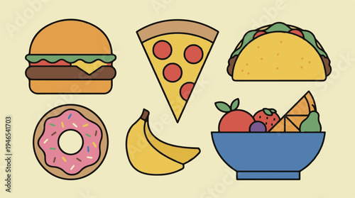 Assortment of popular snacks and fresh fruits in colorful flat vector illustration