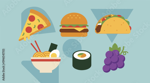 Collection of popular international food icons in a flat design illustration