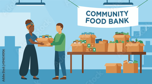 Community Food Bank: Volunteers Donating and Organizing Food Supplies