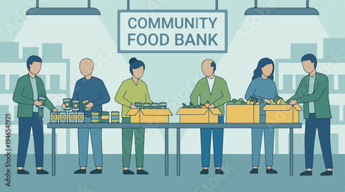 Community food bank volunteers sorting and packing food items