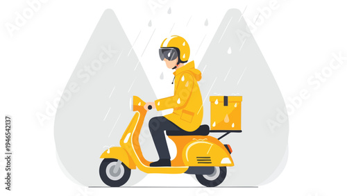 Ilustración vectorial de un repartidor en moto entregando paquetes en una ciudad española, diseño plano con colores vibrantes y ambiente dinámico ideal para logística y comercio electrónico.
