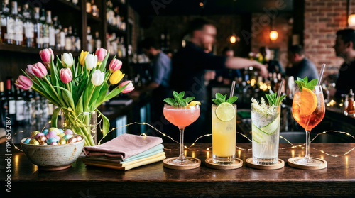 Colorful Easter cocktails arranged on a bar counter with fresh flowers and decorative eggs, showcasing a vibrant atmosphere in a lively bar setting