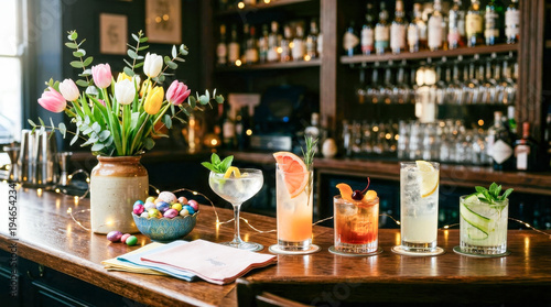 Bar counter displaying colorful Easter cocktails alongside a decorative vase of tulips and a bowl of Easter eggs, with a well-stocked bar in the background