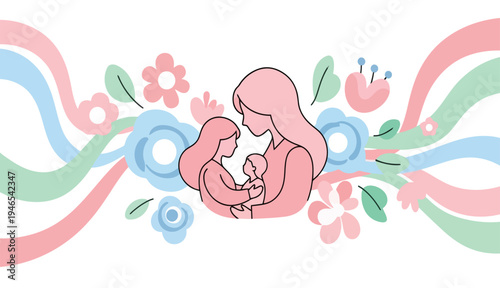 Stylized outline of mother embracing children surrounded by floral ornaments