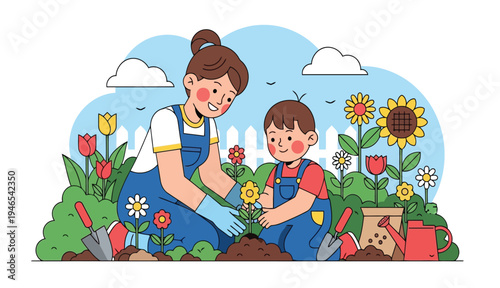 Mother and son wearing blue overalls planting yellow flowers in spring garden