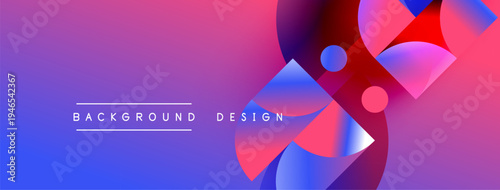 Abstract gradient background features overlapping circles, triangles. Vibrant purple, blue, pink hues create dynamic visual effect. Text reads background design.