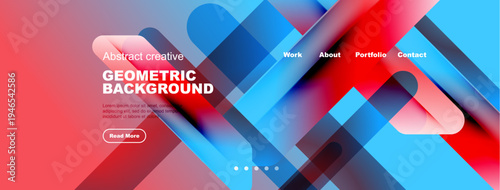 Abstract geometric background design. Vibrant colors, overlapping shapes create modern visual experience. Navigation menu present.