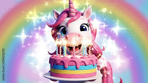 Cute Unicorn Holding Birthday Cake with Candles and Rainbow Background