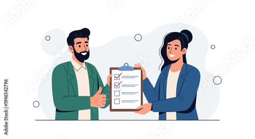 Teamwork success: man and woman with checklist, thumbs up, positive feedback