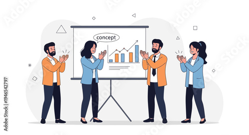 Business team applauds successful concept presentation with growth chart