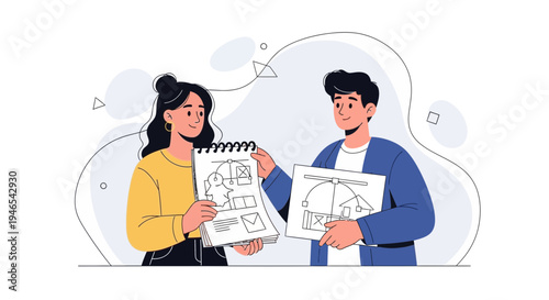 Teamwork in design: colleagues discussing project plans and blueprints