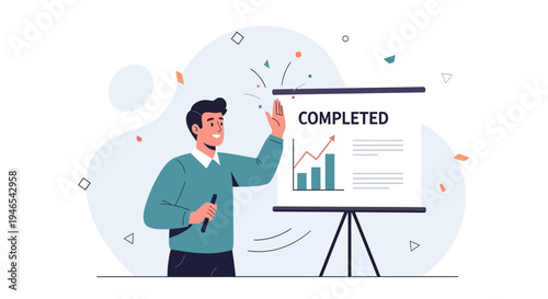 Man presenting a completed project with a growing graph on a whiteboard