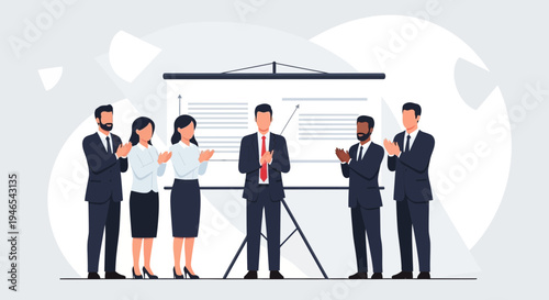 Business team applauding speaker at presentation board, successful meeting, teamwork success