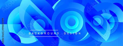 Abstract blue design features layered circles, squares. Modern aesthetic, vibrant colors, dynamic composition. Text reads background design.